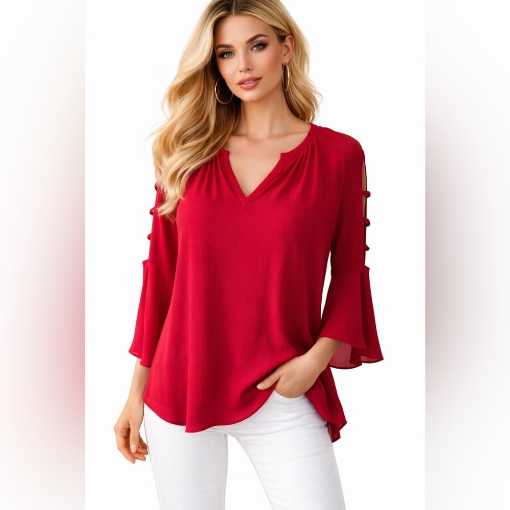 Jennifer Lopez JLO Red Blouse Womens Medium Slit Sleeve Bell Sleeve Flowy Top
